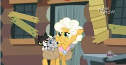 Size: 1348x698 | Tagged: safe, derpibooru import, screencap, goldie delicious, cat, earth pony, pony, pinkie apple pie, animal, bag, crazy cat lady, female, goldie delicious' cats, hub logo, mare, saddle bag, solo