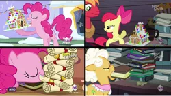 Size: 958x539 | Tagged: safe, derpibooru import, screencap, apple bloom, big macintosh, goldie delicious, pinkie pie, earth pony, pony, hearth's warming eve (episode), pinkie apple pie, book, caption, comparison, dust cat, female, filly, gingerbread house, hearth's warming eve, image macro, in which pinkie pie forgets how to gravity, jenga, male, mare, meme, pinkie being pinkie, pinkie physics, scroll, stallion, text