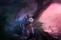 Size: 1350x900 | Tagged: artist:vest, cloak, clothes, derpibooru import, firefly (insect), forest, insect, nature, river, safe, scenery, solo, water, zebra, zecora