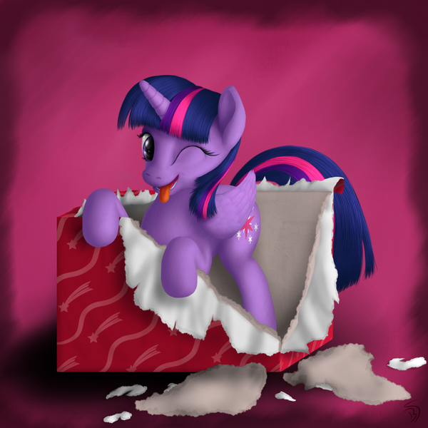 Size: 1200x1200 | Tagged: safe, artist:bluespaceling, derpibooru import, twilight sparkle, twilight sparkle (alicorn), alicorn, pony, behaving like a cat, cardboard box, female, mare, present, solo