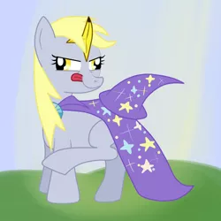 Size: 1000x1000 | Tagged: safe, artist:hip-indeed, derpibooru import, derpy hooves, pony, unicorn, accessory swap, asshat, banana, cape, clothes, fake horn, food, hat, solo, the great and powerful, trixie's cape, trixie's hat