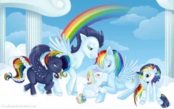 Size: 2866x1803 | Tagged: safe, artist:tinuleaf, derpibooru import, rainbow dash, soarin', oc, oc:cloud puff, oc:sunrise brisk, oc:white whirl, family, female, male, offspring, parent:rainbow dash, parent:soarin', parents:soarindash, shipping, soarindash, straight