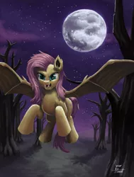 Size: 1210x1600 | Tagged: safe, artist:zevironmoniroth, derpibooru import, fluttershy, bat pony, pony, bats!, bat ponified, dead tree, flutterbat, flying, moon, night, race swap, solo, starry night, tree