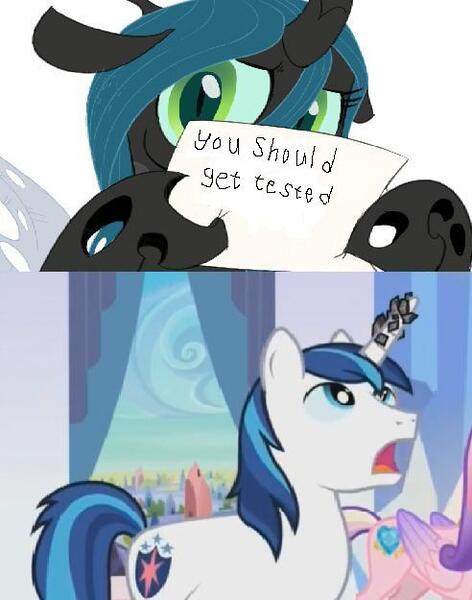 Size: 492x625 | Tagged: chrysalis' note, derpibooru import, exploitable, infidelity, infidelity armor, meme, queen chrysalis, questionable, shining armor