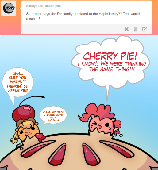 Size: 515x557 | Tagged: applejack, artist:pekou, ask, ask my little chubbies, cherry, cherry pie (food), chubbie, derpibooru import, food, micro, pie, pinkie pie, safe, tumblr