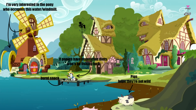 Size: 1366x768 | Tagged: derpibooru import, fishing, hondo flanks, observation, pig, question, safe, watermill, windmill