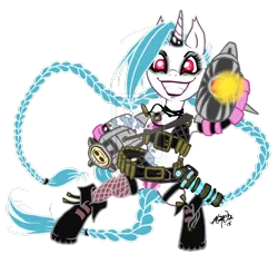 Size: 1024x969 | Tagged: safe, artist:peachpalette, derpibooru import, ponified, pony, braid, bullet, gun, jinx (league of legends), league of legends, rocket launcher, simple background, solo, tattoo, transparent background, weapon