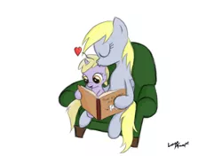 Size: 915x644 | Tagged: safe, artist:lunarapologist, derpibooru import, derpy hooves, dinky hooves, pegasus, pony, equestria's best mother, female, kissing, mare, reading, where is my cow?