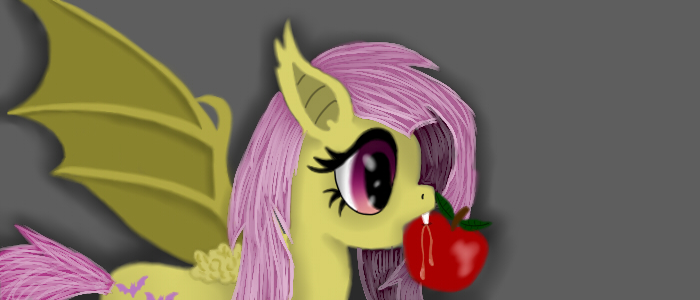 Size: 700x300 | Tagged: safe, artist:mrs-ponylicious, derpibooru import, fluttershy, bat pony, pony, bats!, apple, bat ponified, cute, flutterbat, food, mouth hold, race swap, solo