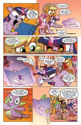 Size: 630x969 | Tagged: safe, derpibooru import, idw, applejack, bookworm (character), pinkie pie, spike, twilight sparkle, twilight sparkle (alicorn), alicorn, pony, spoiler:comic, spoiler:comic15, advertisement, bookworm, comic, female, idw advertisement, mare, official comic, preview, speech bubble