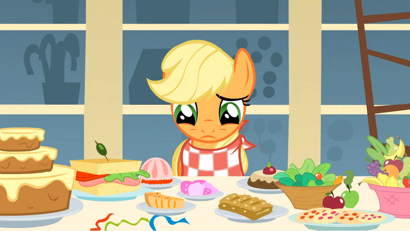 Size: 1054x593 | Tagged: a bird in the hoof, applejack, bib, buffet, derpibooru import, food, hors d'oeuvre, safe, screencap, solo, table