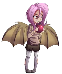 Size: 1463x1750 | Tagged: safe, artist:drawntildawn, derpibooru import, fluttershy, bat pony, human, bats!, apple, bat ponified, clothes, fangs, flutterbat, food, humanized, light skin, race swap, skirt, solo, sweater, sweatershy, torn clothes, winged humanization, wings