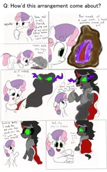 Size: 1953x3126 | Tagged: safe, artist:frikdikulous, derpibooru import, king sombra, sweetie belle, pony, umbrum, unicorn, ask, bevor, chestplate, colored, colored horn, comic, crown, curved horn, cute, dark magic, diasweetes, disembodied horn, female, filly, foal, helmet, horn, image, jewelry, jpeg, king sideburns, magic, male, mud, queen sweetie belle, questionable shipping, regalia, sketch, sombra eyes, sombra's horn, sombra's robe, sombrabelle, stallion, text, tiara, tumblr, tumblr:ask king sombra and queen sweetie belle