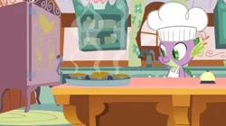 Size: 1054x592 | Tagged: a bird in the hoof, apron, chef, chef's hat, clothes, derpibooru import, dragon, food, hat, naked apron, pie, safe, screencap, solo, spike