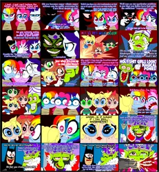 Size: 2017x2180 | Tagged: antoinette, artist:terry, batman, blood, blossom (powerpuff girls), bubbles (powerpuff girls), buttercup (powerpuff girls), comic, crossover, dc comics, derpibooru import, mojo jojo, pinkie pie, rainbow dash, rarity, semi-grimdark, terry you magnificent bastard, the powerpuff girls, vulgar