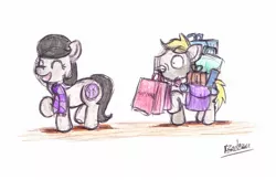 Size: 1657x1080 | Tagged: safe, artist:bobthedalek, derpibooru import, oc, oc:mixed melody, oc:octavia's father, oc:octavia's mother, oc:ostinato melody, unofficial characters only, earth pony, pony, bags, clothes, duo, female, male, mouth hold, scarf, shopping, traditional art