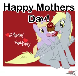 Size: 598x586 | Tagged: safe, artist:pterosaurpony, derpibooru import, derpy hooves, dinky hooves, pegasus, pony, equestria's best daughter, female, food, mare, mother's day, muffin
