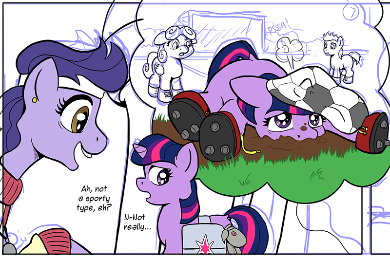 Size: 800x532 | Tagged: artist:muffinshire, cleats, comic, comic:twilight's first day, cute, derpibooru import, female, filly, football, muffinshire is trying to murder us, oc, oc:willow wisp, safe, sports, twilight sparkle, wip