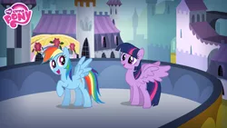 Size: 1920x1080 | Tagged: safe, derpibooru import, rainbow dash, twilight sparkle, twilight sparkle (alicorn), alicorn, pegasus, pony, balcony, canterlot castle, duo, duo female, female, game, image, jpeg, looking at each other, looking at someone, missing horn, my little pony logo, pegasus twilight sparkle, race swap, restore the elements of magic, wallpaper