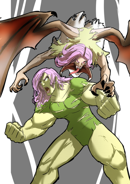 Size: 1191x1684 | Tagged: semi-grimdark, artist:smilingdogz, derpibooru import, fluttershy, saddle rager, bat pony, human, bats!, power ponies (episode), bat ponified, flutterbat, flutterhulk, humanized, light skin, muscles, pony coloring, power ponies, race swap, self ponidox, solo, square crossover