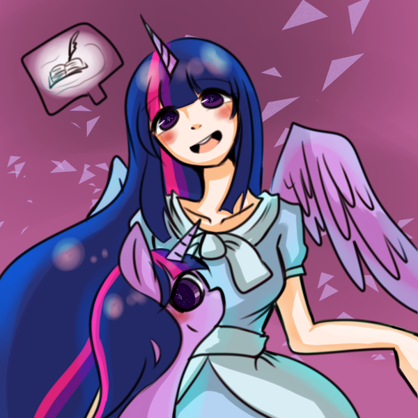 Size: 1000x1000 | Tagged: safe, artist:lessue, derpibooru import, twilight sparkle, twilight sparkle (alicorn), alicorn, human, pony, horn, horned humanization, human ponidox, humanized, light skin, pixiv, self ponidox, solo, winged humanization, wings