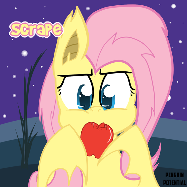 Size: 1280x1280 | Tagged: safe, artist:penguinpotential, derpibooru import, fluttershy, bat pony, pony, bats!, apple, bat ponified, flutterbat, food, race swap, solo, the grim adventures of billy and mandy