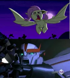 Size: 675x754 | Tagged: safe, derpibooru import, edit, edited screencap, screencap, fluttershy, bat pony, pony, bats!, bat ponified, crossover, flutterbat, flutterbat attack, flying, moon, night, race swap, ratchet, transformers, transformers prime