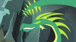 Size: 1054x592 | Tagged: cave, derpibooru import, dragon, eyes closed, ouch, owl's well that ends well, reginald, safe, screencap, solo, spikes, thagomizer