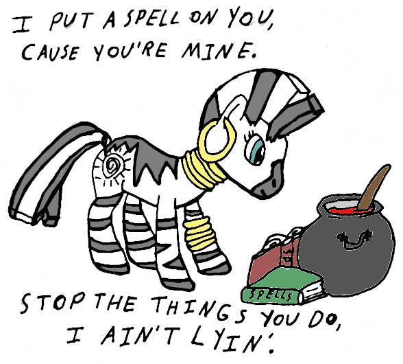 Size: 588x530 | Tagged: artist:closer-to-the-sun, book, derpibooru import, lyrics, pot, safe, screamin' jay hawkins, text, zebra, zecora