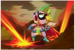 Size: 910x610 | Tagged: action pose, artist:pepooni, cape, clothes, derpibooru import, humdrum, mask, power ponies, power ponies (episode), safe, solo, spike