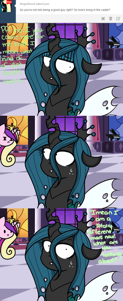 Size: 1280x3120 | Tagged: artist needed, safe, derpibooru import, princess cadance, queen chrysalis, alicorn, changeling, changeling queen, pony, :c, >:c, ask, ask-thechrysalis, c:, comic, female, floppy ears, frown, looking at you, looking back, mare, nervous, smiling, spread wings, squint, suspicious, sweat, sweatdrop, talking to viewer, text, tumblr, wide eyes, wings