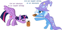 Size: 796x385 | Tagged: safe, derpibooru import, trixie, twilight sparkle, twilight sparkle (alicorn), alicorn, pony, chocolate, female, food, mare, peanut butter