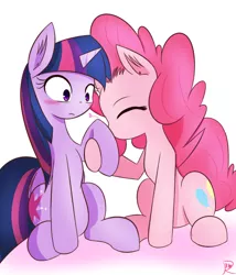 Size: 600x700 | Tagged: safe, artist:ranban, derpibooru import, pinkie pie, twilight sparkle, twilight sparkle (alicorn), alicorn, pony, blushing, eyes closed, female, heart, lesbian, mare, shipping, twinkie