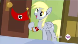Size: 1280x720 | Tagged: safe, deleted from derpibooru, derpibooru import, edit, edited screencap, screencap, derpy hooves, pegasus, pony, rainbow falls, 1000 hours in ms paint, background pony strikes again, derpy's flag, female, flag, mare, meme, ms paint, nazi, solo, swastika