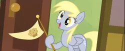 Size: 1920x785 | Tagged: safe, derpibooru import, derpy hooves, pegasus, pony, rainbow falls, derpy's flag, exploitable meme, female, food, mare, meme, muffin, solo