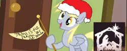 Size: 1280x523 | Tagged: safe, derpibooru import, derpy hooves, pegasus, pony, rainbow falls, christianity, christmas, derpy's flag, exploitable meme, female, hat, holiday, jesus christ, mare, meme, nativity, religion, religious focus, religious headcanon, santa hat, solo