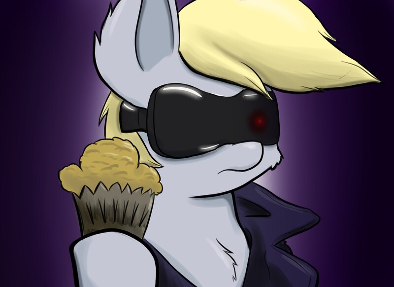 Size: 1100x800 | Tagged: safe, artist:heir-of-rick, derpibooru import, derpy hooves, pegasus, pony, rainbow falls, female, food, mare, muffin, solo, sunglasses, terminator, the grey one's glorious return