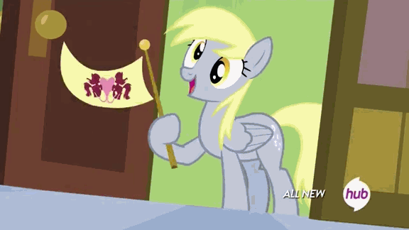 Size: 576x324 | Tagged: safe, derpibooru import, derpy hooves, pegasus, pony, rainbow falls, animated, female, flag, gif, hub logo, hubble, loop, mare, ponyville flag, solo, the grey one's glorious return, the hub