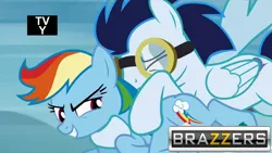 Size: 1280x720 | Tagged: suggestive, derpibooru import, edit, edited screencap, screencap, rainbow dash, soarin', rainbow falls, brazzers, female, male, shipping, soarindash, straight