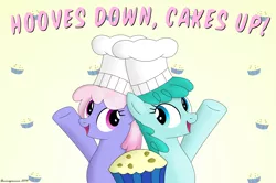 Size: 2553x1693 | Tagged: artist:bluemeganium, chef's hat, derpibooru import, duo, female, food, happy, hat, lesbian, muffin, rainbow falls, rainbowshine, safe, shipping, spring melody, sprinkle medley, sprinkleshine, text