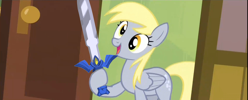 Size: 1920x781 | Tagged: safe, derpibooru import, edit, screencap, derpy hooves, pegasus, pony, rainbow falls, derpy's flag, exploitable meme, female, mare, master sword, meme, nintendo, solo, sword, the legend of zelda, weapon