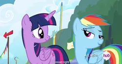 Size: 1152x609 | Tagged: safe, derpibooru import, edit, edited screencap, screencap, rainbow dash, twilight sparkle, twilight sparkle (alicorn), alicorn, pony, rainbow falls, caption, female, mare, meme, out of context, youtube caption