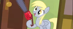 Size: 1920x781 | Tagged: safe, derpibooru import, edit, screencap, derpy hooves, pegasus, pony, rainbow falls, chainsaw, derpy's flag, exploitable meme, female, mare, meme, solo