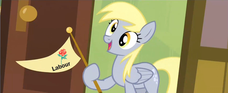 Size: 1016x416 | Tagged: safe, derpibooru import, derpy hooves, pegasus, pony, rainbow falls, derpy's flag, exploitable meme, female, labour, mare, meme, politics, solo