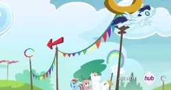 Size: 1152x608 | Tagged: bulk biceps, caption, derpibooru import, edit, edited screencap, fluttershy, meme, rainbow dash, rainbow falls, safe, screencap, soarin', youtube caption