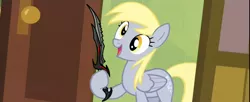 Size: 1280x521 | Tagged: safe, derpibooru import, edit, screencap, derpy hooves, pegasus, pony, rainbow falls, daedric sword, derpy's flag, exploitable meme, female, mare, meme, skyrim, solo, sword, the elder scrolls, this will end in death, this will end in tears, this will end in tears and/or death, weapon