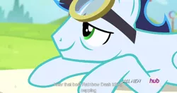 Size: 1152x608 | Tagged: caption, derpibooru import, edit, edited screencap, hub logo, meme, rainbow falls, safe, screencap, soarin', solo, youtube caption