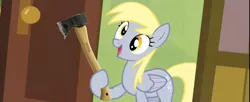 Size: 1280x521 | Tagged: safe, derpibooru import, edit, screencap, derpy hooves, pegasus, pony, rainbow falls, axe, derpy's flag, exploitable meme, female, mare, meme, solo, this will end in death, this will end in tears, this will end in tears and/or death, weapon, yandere, yanderpe