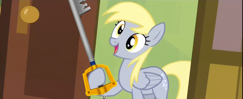 Size: 1280x521 | Tagged: safe, derpibooru import, edit, screencap, derpy hooves, pegasus, pony, rainbow falls, derpy's flag, exploitable meme, female, keyblade, kingdom hearts, mare, meme, solo