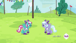 Size: 576x324 | Tagged: safe, derpibooru import, screencap, lilac sky, soarin', spring step, sunlight spring, pony, rainbow falls, animated, cheerleader, clipper, distracted by the sexy, gif, hub logo, hubble, the hub